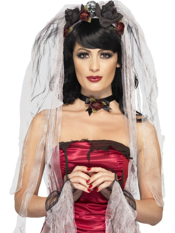 Gothic Bride Kit, includes Rose and Skull Veil, choker and gloves.