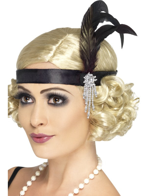 1920s Black Satin Charleston Flapper Headband with feather and jewel detail.