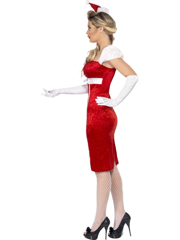 Pin Up Miss Santa Costume includes dress only. Gloves and Mini Santa Hat sold separately.