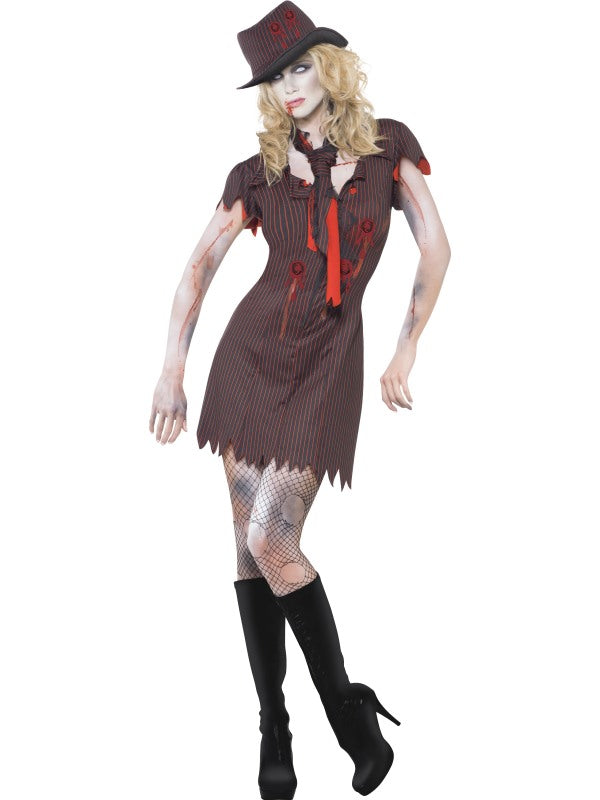 Fever Zombie Gangster Ladies Halloween Costume includes pinstripe dress, hat and scarf