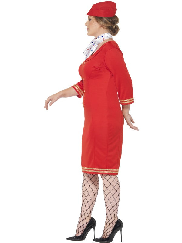 Curves Red Air Hostess Ladies Fancy Dress Costume includes dress| neck scarf and hat
