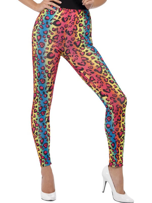 Ladies 1980s Neon Leopard Print Leggings