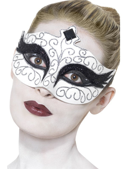 Ladies Gothic Swan Eyemask, white with black jewelled tiara design and tie sides