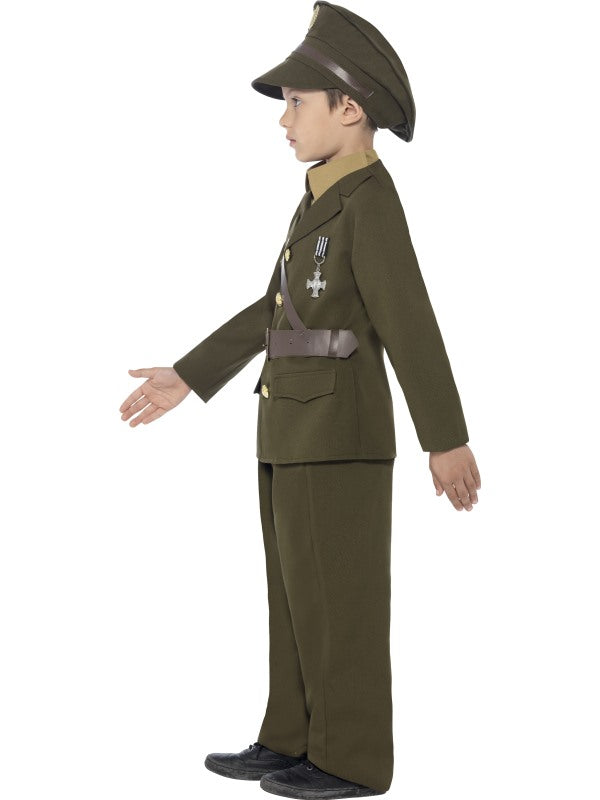 Child Army Officer Fancy Dress Costume includes green jacket with an attached belt| trousers| hat| mock shirt and tie