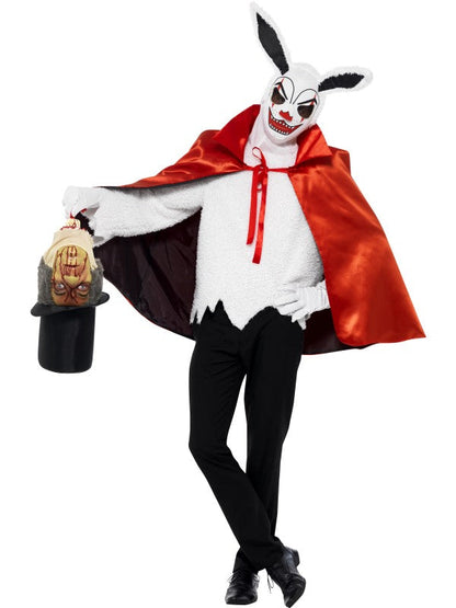 Cirque Sinister Macabre Magician Halloween Costume includes mask, cape, shirt, gloves and hat with head