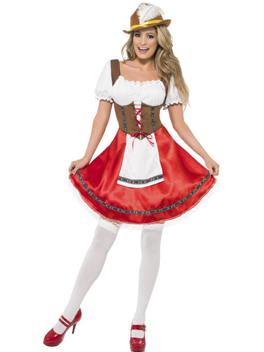 Ladies Bavarian Wench Fancy Dress Costume includes dress with attached apron. Hat sold separately.