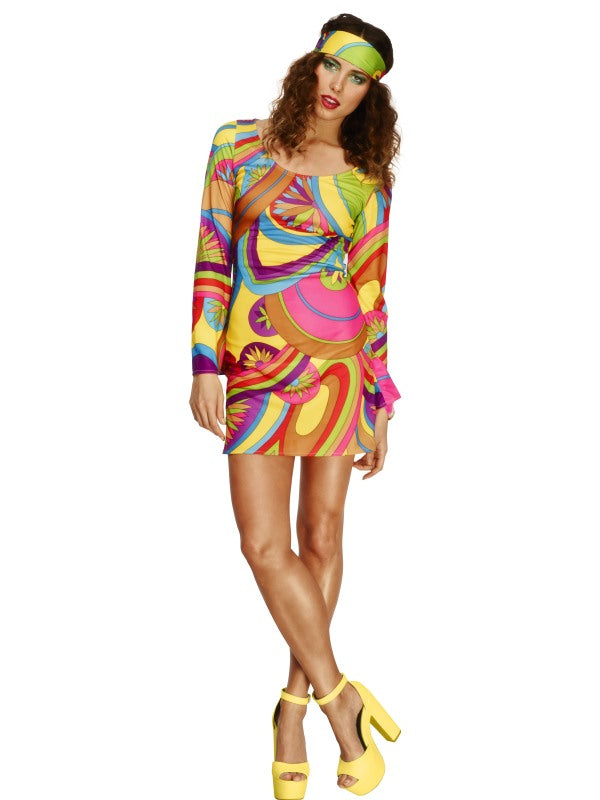 Ladies 1960s Flower Power Hippy Fancy Dress Costume includes dress and head scarf