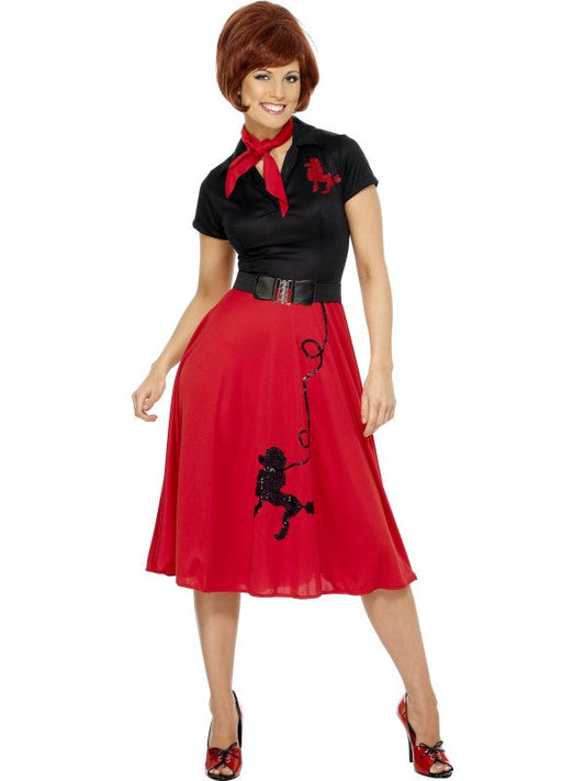 Ladies 1950s Poodle Costume, Black and Red, includes dress, scarf and belt