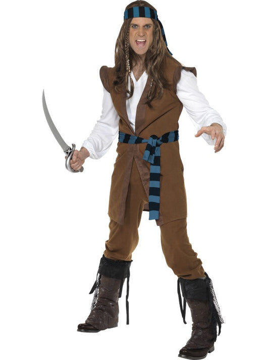 Caribbean Pirate Mens Fancy Dress Costume includes top with sleeves| trousers and headpiece. Bootcovers sold separately.