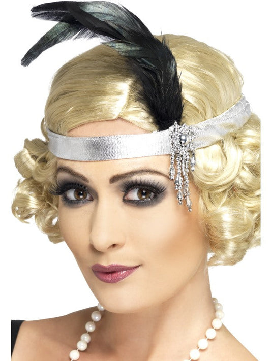 1920s Silver Satin Charleston Flapper Headband with feather and jewel detail.