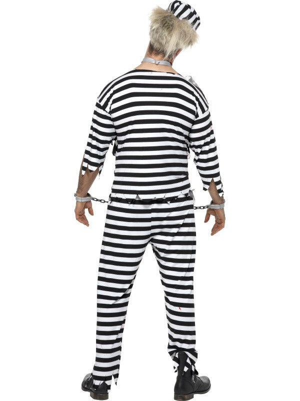 Zombie Convict Mens Halloween Costume includes trousers, shirt with latex chest-piece, hat and convict links