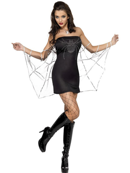 Fever Black Widow Ladies Halloween Costume includes dress with attached sleeves