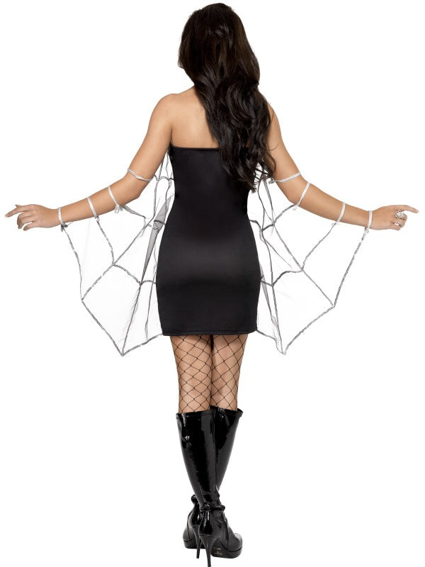 Fever Black Widow Ladies Halloween Costume includes dress with attached sleeves