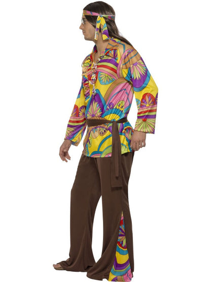 Mens 1960s Psychedelic Hippy Fancy Dress Costume includes trousers, shirt and headband