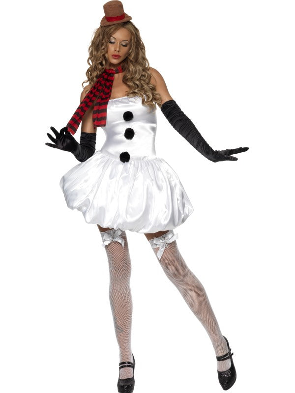 Fever Snowman Ladies Fancy Dress Costume includes dress, scarf and hat on headband. White Hold-ups and Black Gloves sold separately.