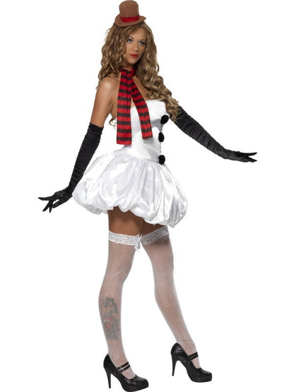 Fever Snowman Ladies Fancy Dress Costume includes dress, scarf and hat on headband. White Hold-ups and Black Gloves sold separately.