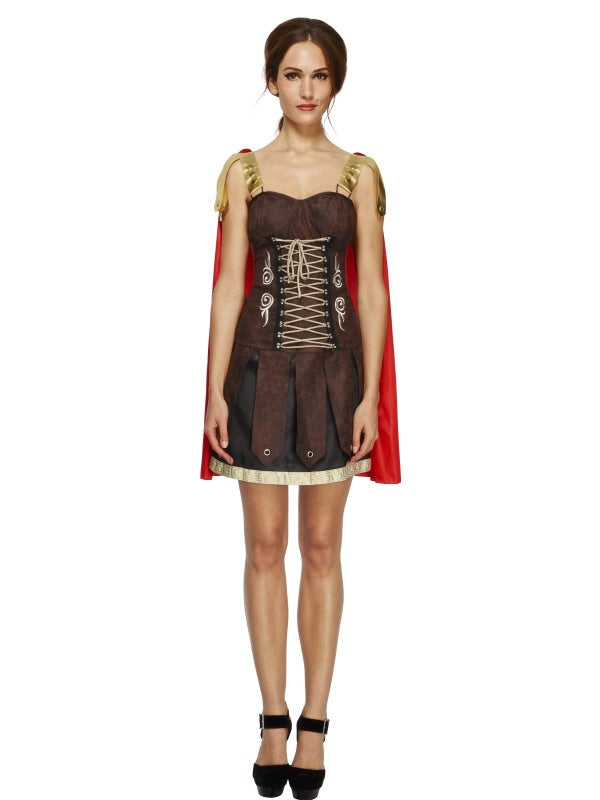 Ladies Roman Gladiator Fancy Dress Costume includes dress with cape
