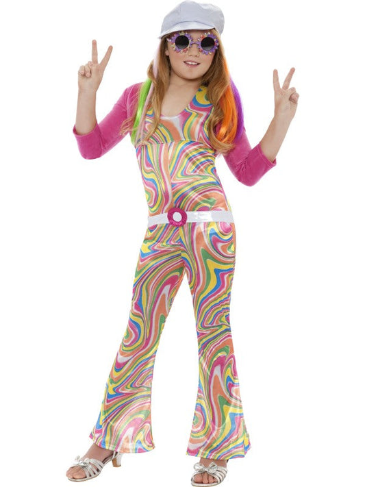 Girls Groovy Glam Hippie Girl Fancy Dress Costume includes jumpsuit, belt, jacket and hat