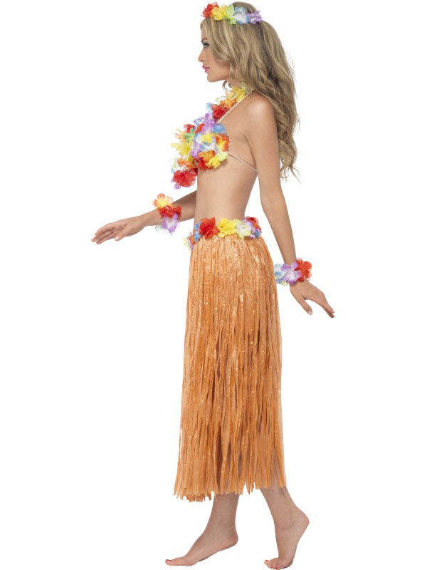 Hula Honey Instant Hawaiian Costume Kit includes hawaiian grass skirt, flower headpiece, wrist cuffs, garland lei and flower bra. One size.