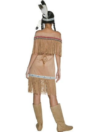 Western Authentic Indian Woman Fancy Dress Costume includes dress with fringing. Wig sold separately.