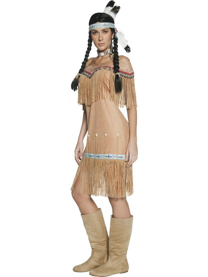 Western Authentic Indian Woman Fancy Dress Costume includes dress with fringing. Wig sold separately.
