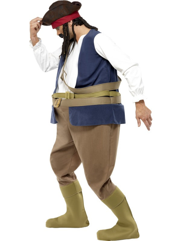 Hooped Pirate Mens Fancy Dress Costume includes bodysuit, hat, bootcovers and sash