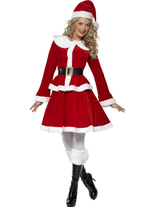 Miss Santa Ladies Christmas Costume includes jacket, skirt, hat, belt and muff