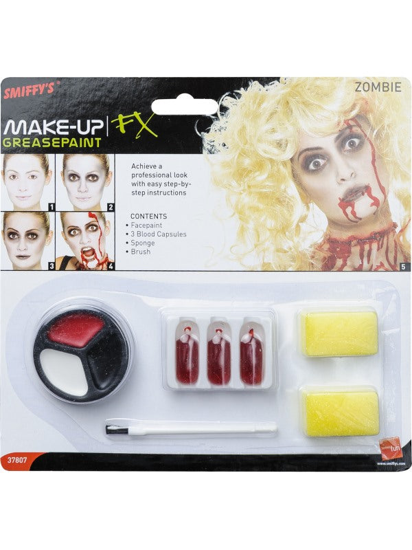 Zombie Make Up Set, includes facepaints (3 colours), 3 blood capsules, 2 sponges, brush, easy step by step instructions
