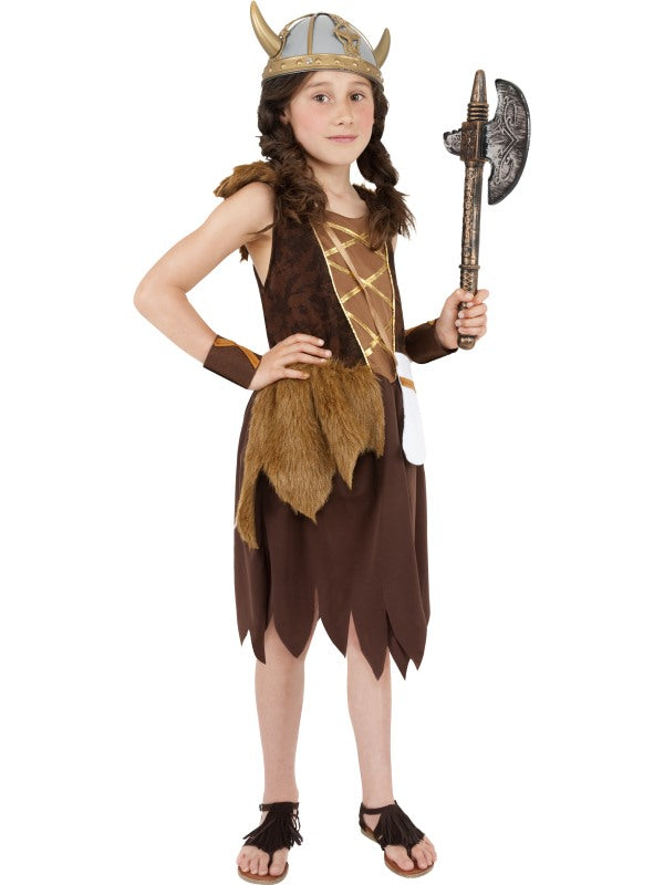 Childrens Viking Girl Fancy Dress Costume includes dress and wristbands. Helmet sold separately.