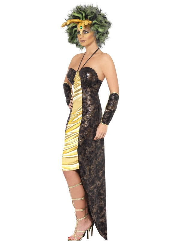 Ladies Medusa Fancy Dress Costume includes dress, sleeves and wig with latex snakes