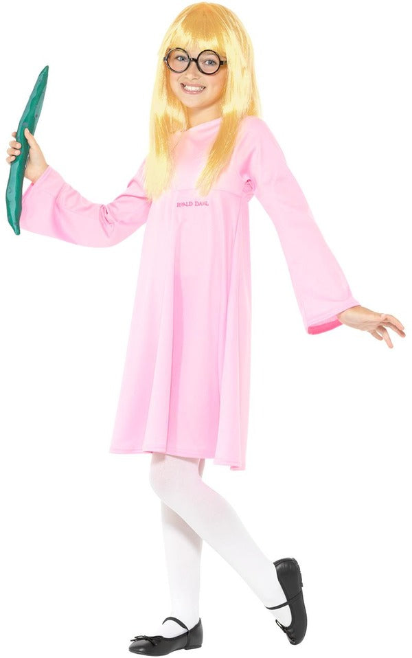Roald Dahl Deluxe Sophie Costume includes pink dress, glasses, wig, eyemask and snozzcumber