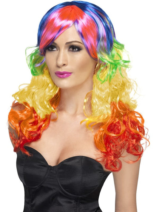 Rainbow Curl Wig. Multicoloured. Long, with fringe.
