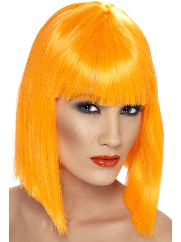Glam Wig. Neon Orange. Short, blunt with fringe.