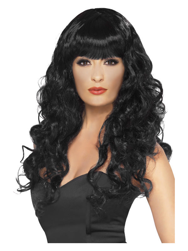 Long Black Curly Siren Wig with fringe.