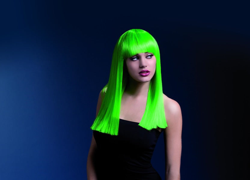 Fever Alexia Professional Quality Synthetic Wig. Neon Green. Long| blunt cut with professional wig cap. Styleable and heat resistant to 120C/248F. 48cm.