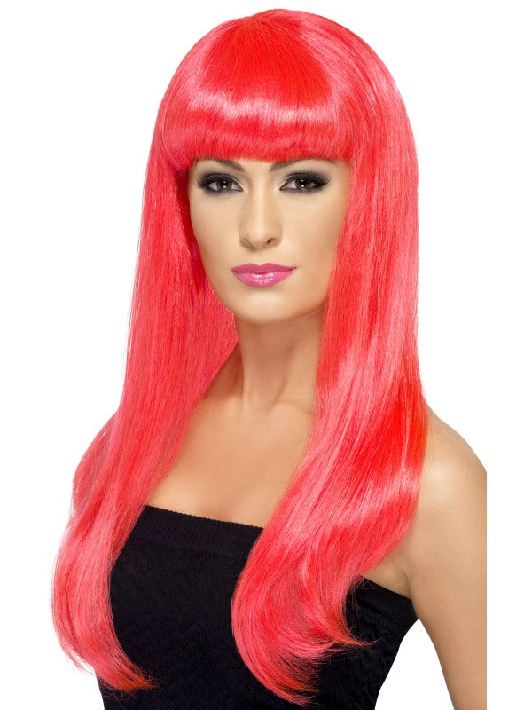 Long Neon Pink Babelicious Wig. Long straight with fringe.