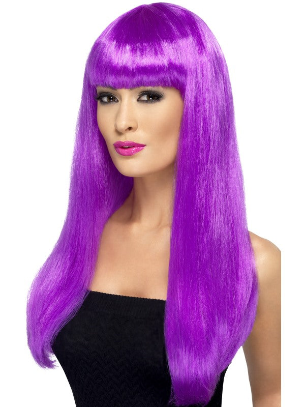 Long Purple Babelicious Wig. Long straight with fringe.
