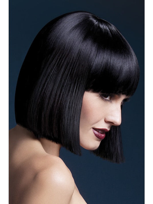 Fever Lola Professional Quality Synthetic Wig. Black. Short blunt cut with fringe, skin parting and professional wig cap. 30cm. Styleable and heat resistant to 120C/248F.