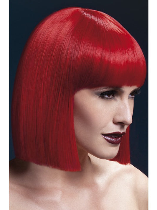 Fever Lola Professional Quality Synthetic Wig. Red. Short blunt cut with fringe, skin parting and professional wig cap. 30cm. Styleable and heat resistant to 120C/248F.