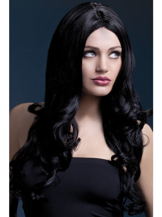 Fever Rhianne Professional Quality Synthetic Wig. Black. Long, curly with skin parting and professional wig cap. Styleable and heat resistant to 120C/248F.