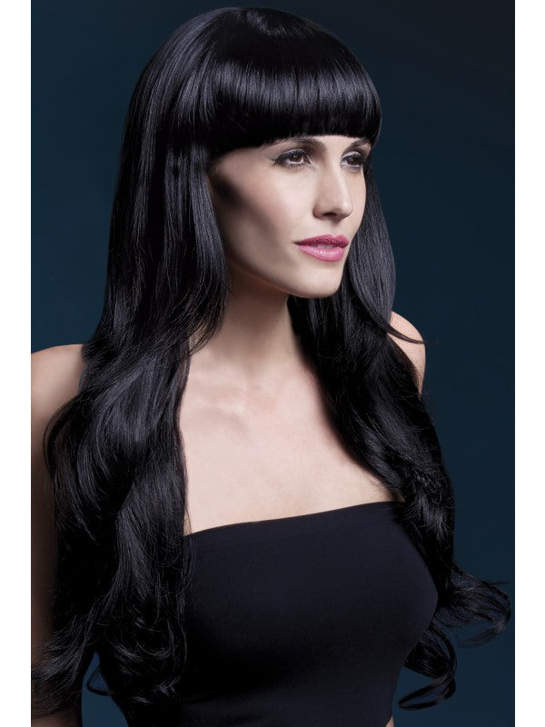Fever Yasmin Professional Quality Synthetic Wig. Black. Long, loose curls with fringe and professional wig cap. Styleable and heat resistant to 120C/248F. 71cm.