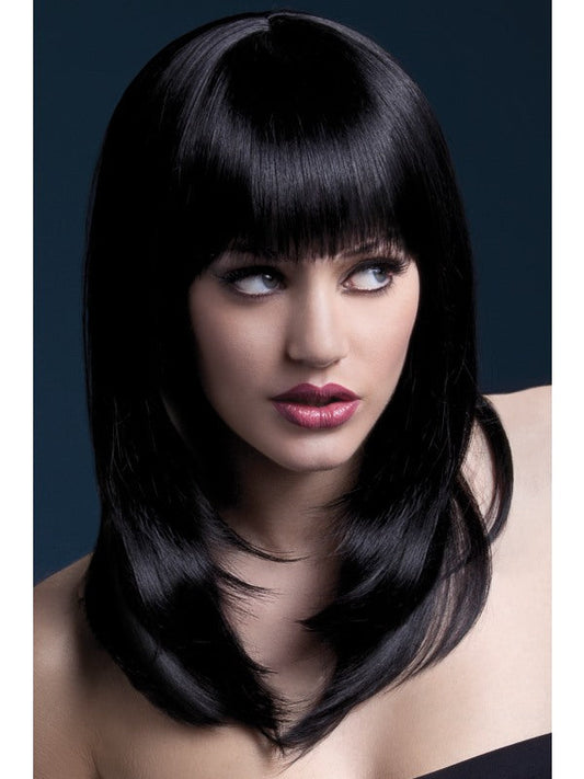 Fever Tanja Professional Quality Synthetic Wig. Black. Long, feathered cut with fringe and professional wig cap. 48cm. Styleable and heat resistant to 120C/248F.