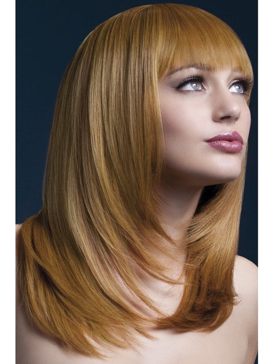 Fever Tanja Professional Quality Synthetic Wig. Auburn. Long, feathered cut with fringe and professional wig cap. 48cm. Styleable and heat resistant to 120C/248F.