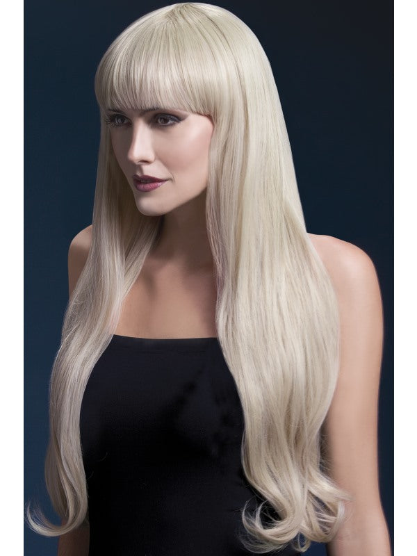 Fever Bella Professional Quality Synthetic Wig. Blonde. Extra Long| wavy with fringe and professional wig cap. Styleable and heat resistant to 120C/248F.