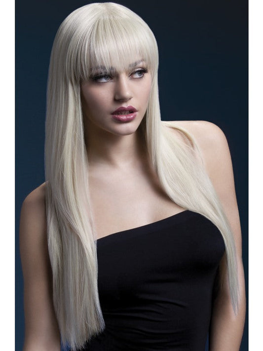 Fever Jessica Professional Quality Synthetic Wig. Blonde. Long, straight with fringe and professional wig cap. 66cm. Styleable and heat resistant to 120C/248F.