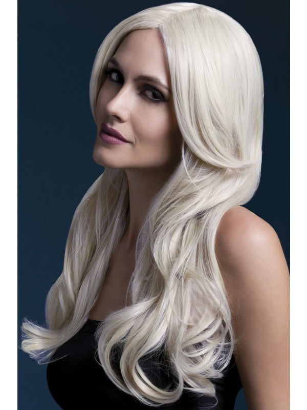 Fever Khloe Professional Quality Synthetic Wig. Blonde. Long, wavy with long fringe, skin parting and professional wig cap. 66cm. Styleable and heat resistant to 120C/248F.