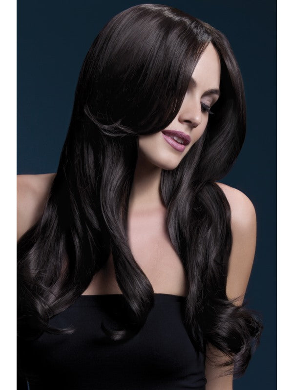 Fever Khloe Professional Quality Synthetic Wig. Brown. Long, wavy with long fringe, skin parting and professional wig cap. 66cm. Styleable and heat resistant to 120C/248F.