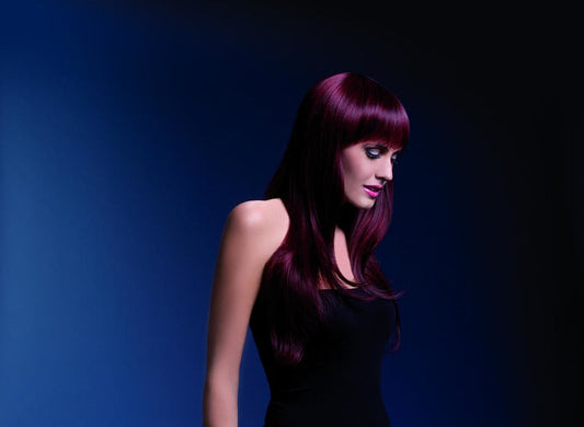Fever Sienna Professional Quality Synthetic Wig. Two Tone Black Cherry. Long, feathered with fringe and professional wig cap. 66cm. Styleable and heat resistant to 120C/248F.