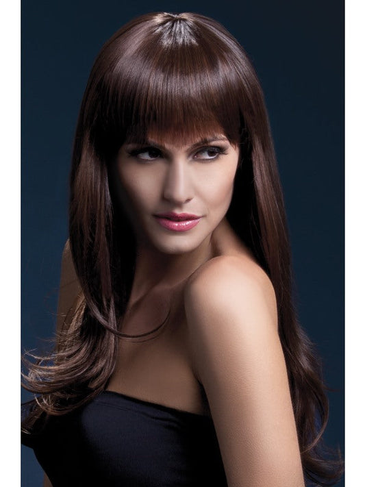 Fever Sienna Professional Quality Synthetic Wig. Two Tone Brown. Long, feathered with fringe and professional wig cap. 66cm. Styleable and heat resistant to 120C/248F.