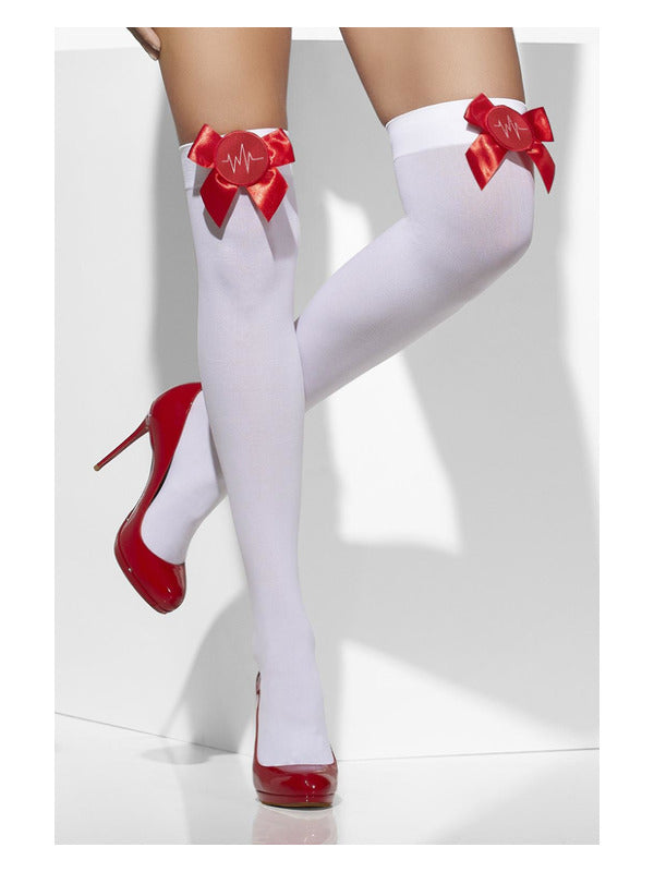 Ladies Thigh High Nurse Hold-Up Stockings. Opaque White with Red-Cross-Style Bows.